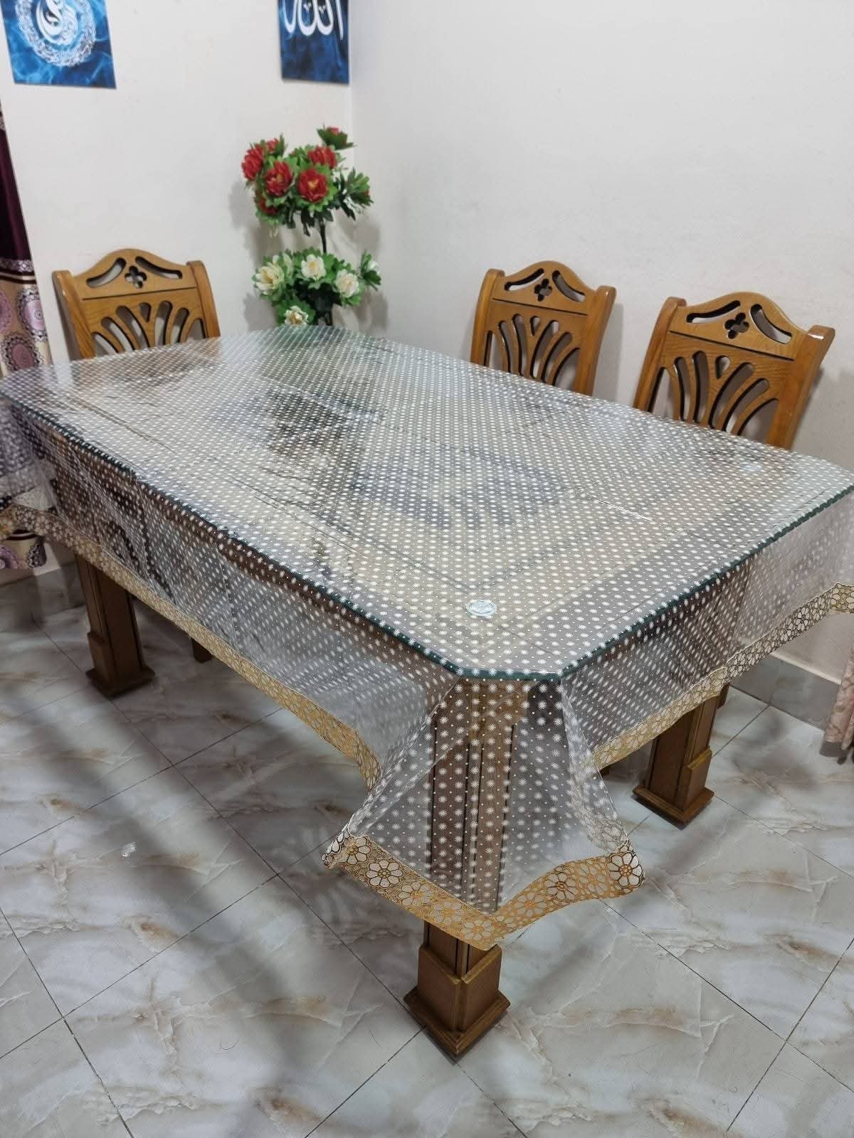 ৮ চেয়ারের জন্য প্রিমিয়াম প্রিন্টেড স্বচ্ছ ডাইনিং টেবিল কভার – ওয়াটারপ্রুফ ও টেকসই